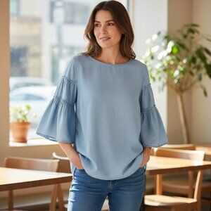 J Jill Chambray Peasant Top XL Petite Blue Bell Sleeve Boho Denim Keyhole FLAW